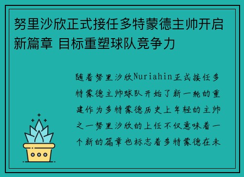 努里沙欣正式接任多特蒙德主帅开启新篇章 目标重塑球队竞争力