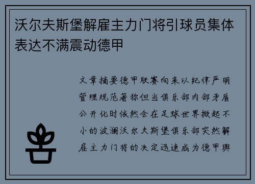 沃尔夫斯堡解雇主力门将引球员集体表达不满震动德甲 沃尔夫斯堡解雇主力门将引球员集体表达不满震动德甲